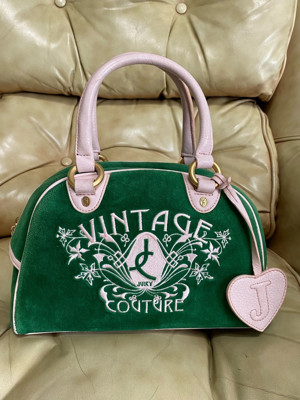Juicy Couture RARE Kelly/Pink Bowler Bag Velour Vintage Green Authentic